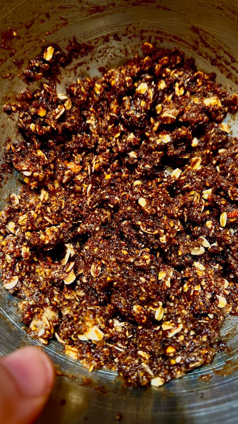 A hand-pressed crust of nuts and seeds